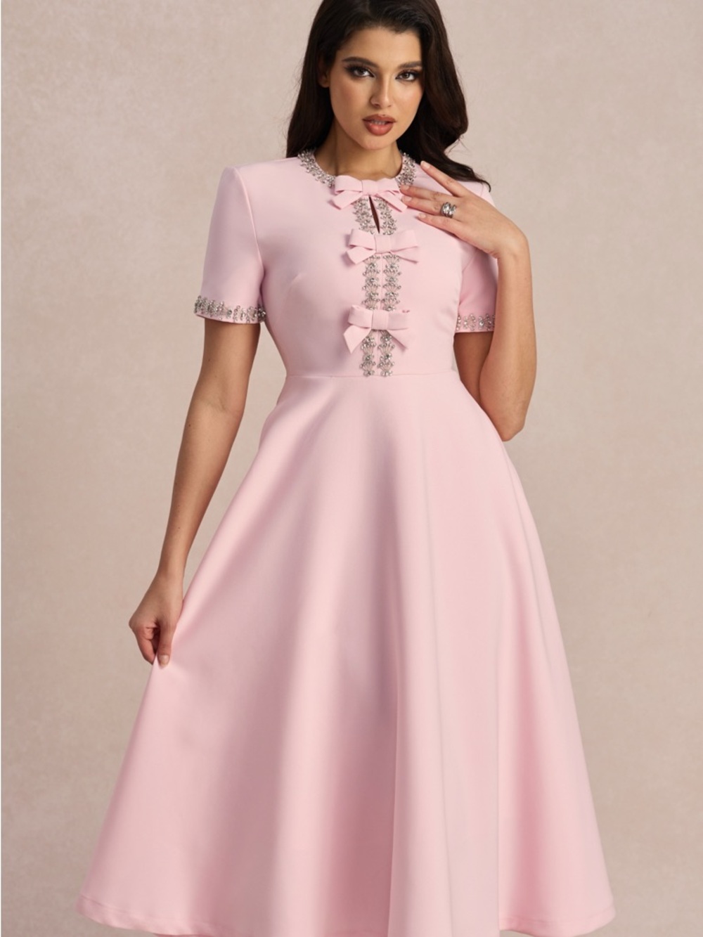 Sunfere Zoe Bowknot Crystal Midi Dress